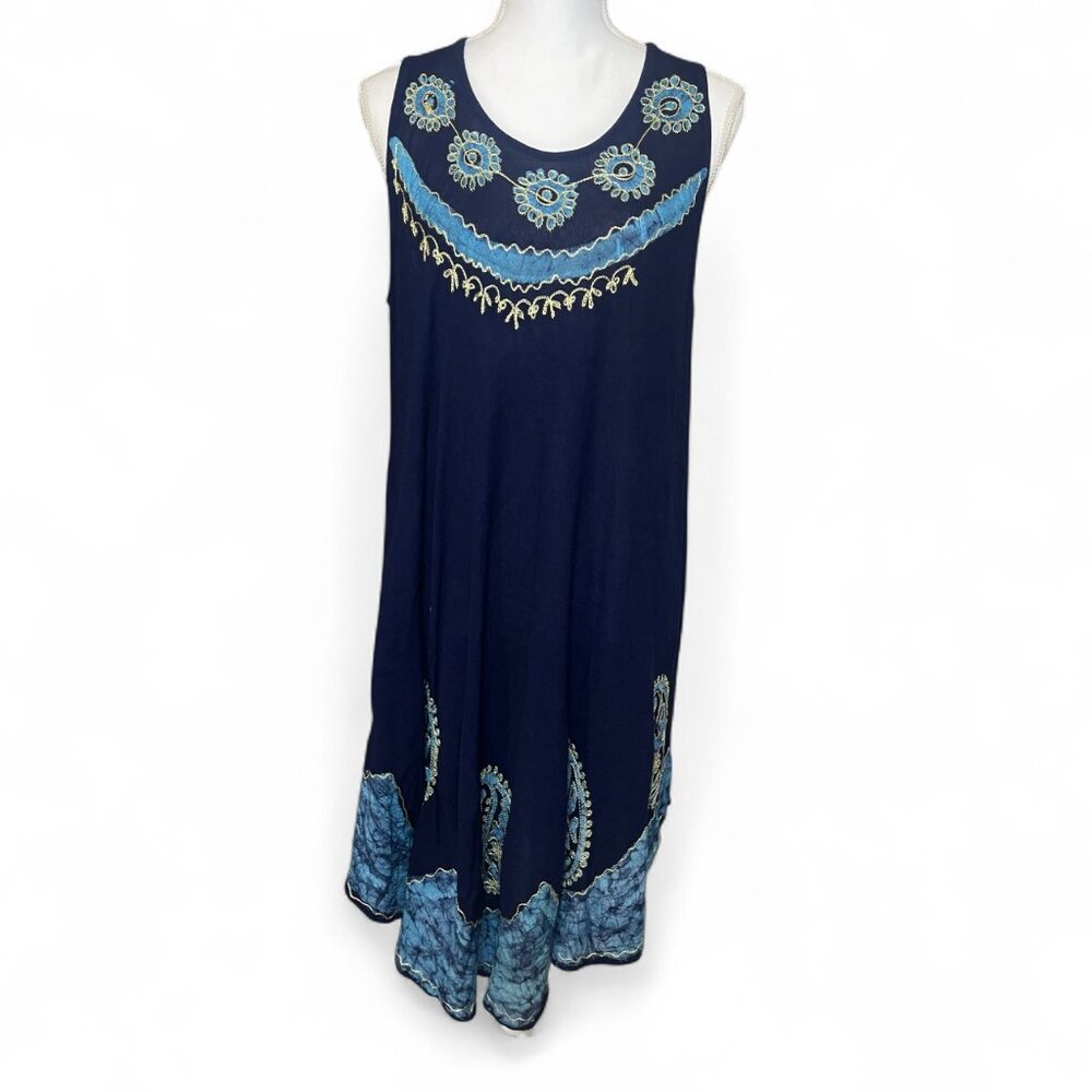 One Size Navy Blue Sleeveless Boho Paisley Embroidered Swing Dress Beach Summer